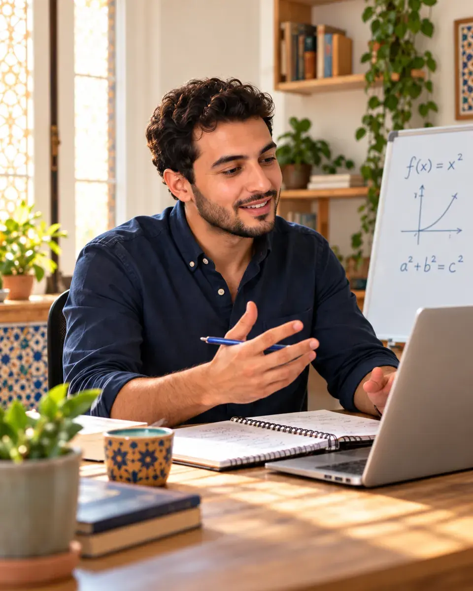 Un professeur explique une notion de mathématiques devant son ordinateur, un tableau de fonctions en arrière-plan.